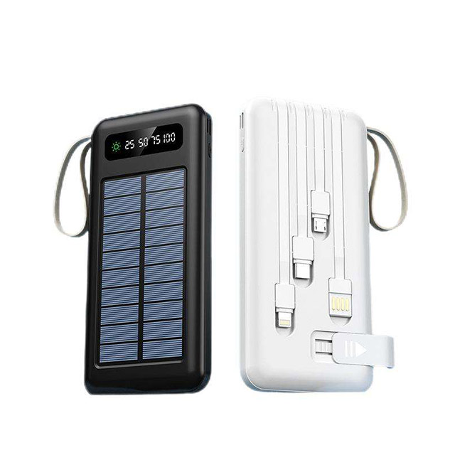 Banco de energía solar portátil con cables USB